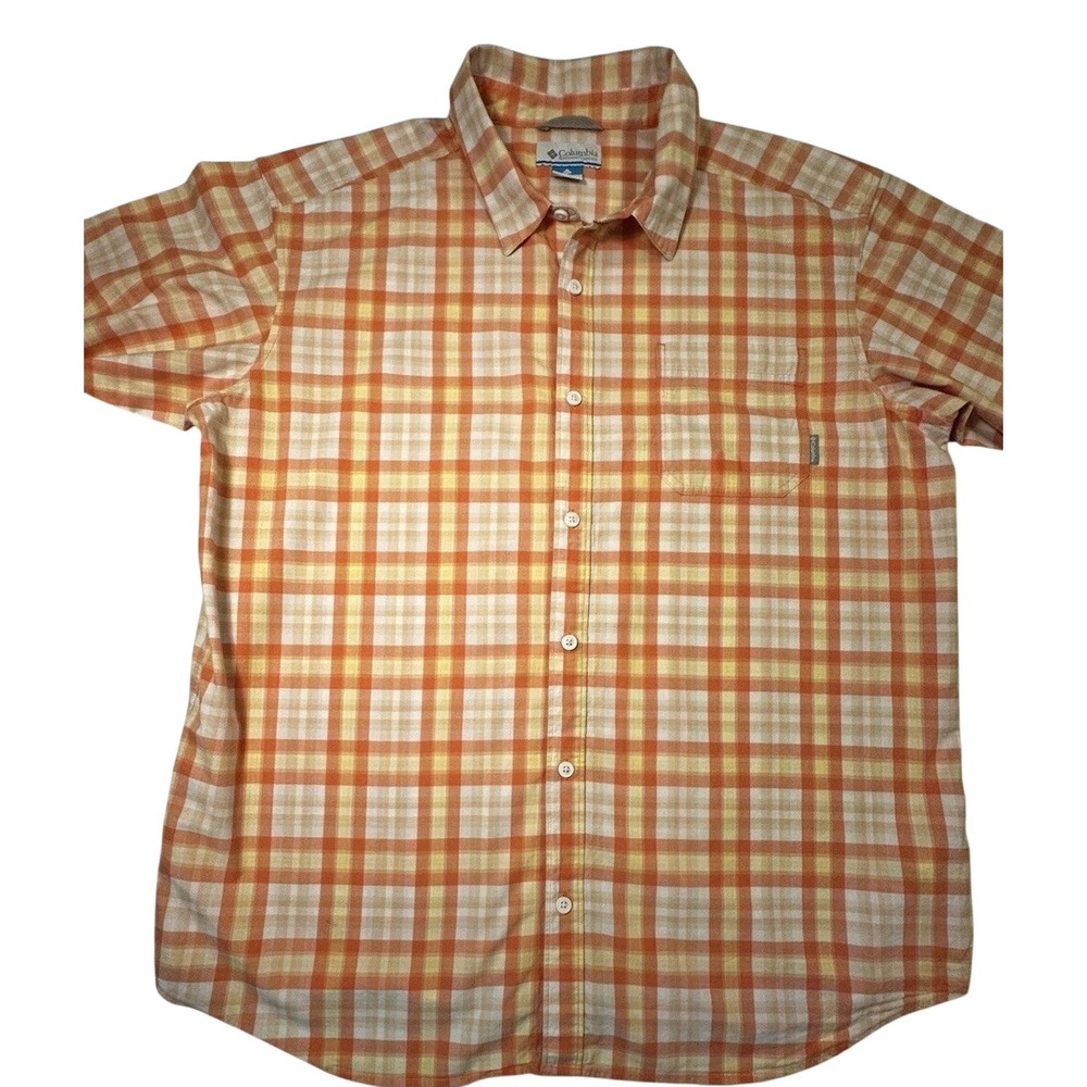 Columbia Mens XXL Sh. Sleeve Button Up Shirt Orange Yellow Plaid Cotton Pinhole